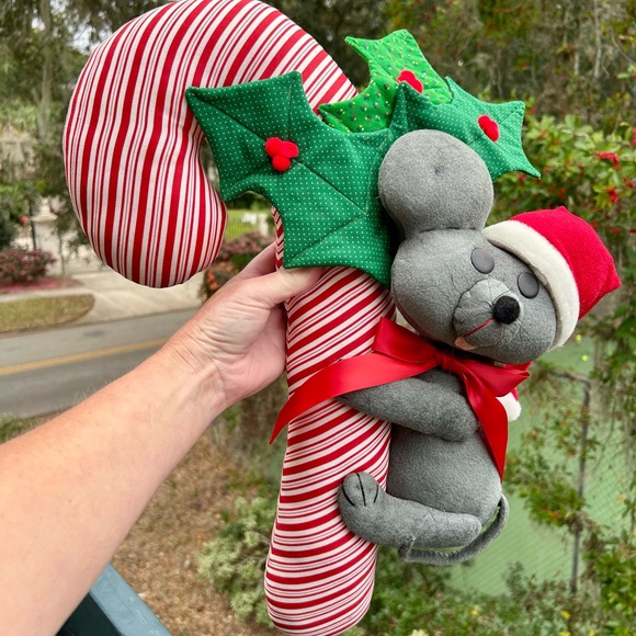 Festive Vintage Mouse on Candy Cane Plush 20" - Picture 4 of 5